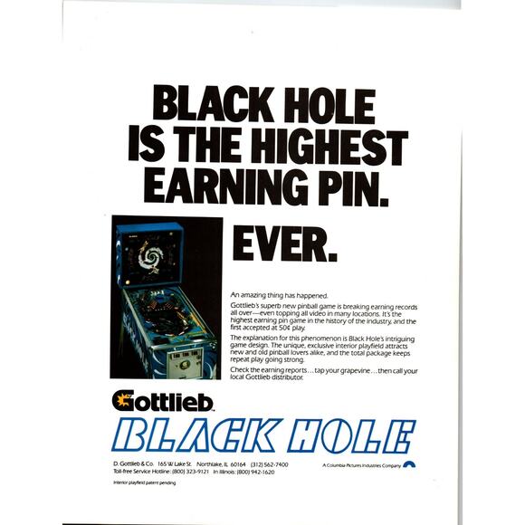 Black Hole Pinball Machine FLYER Original 1981 Vintage Art Space Age 8.5" x 11" - Picture 2 of 2